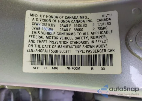 2011 Honda Civic Lx z USA, uszkodzony, nr VIN 2HGFA1F56BH305311